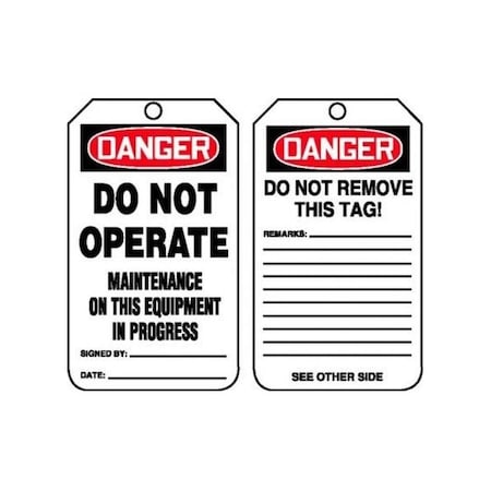 Accuform Safety Tags, DANGER DO NOT OPERATE MAINTENANCE ON THIS EQUIPMENT, 5.75in x 3.25in, RP-Plastic, 5PK MDT208PTM